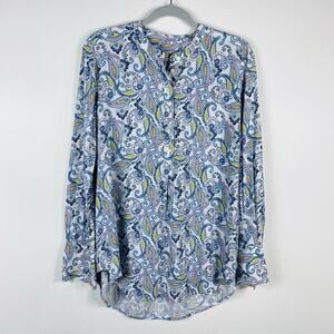 Ann Taylor LOFT Size XS Long Sleeve Paisley Henley Tunic Top White Blue Casual